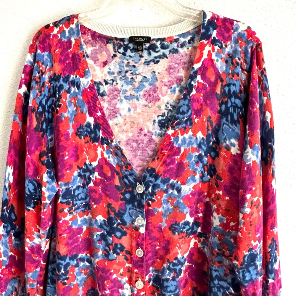 Talbots Floral Print Cardigan Sweater Women's Petite Plus Size 2X Red Blue - Picture 2 of 7